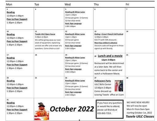 Tooele UILC December 2022 Class Schedule
