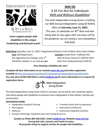 2022 Independent Living 5K FUN Run and Roll Information Flyer